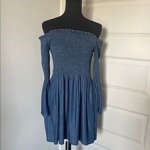 Off-Shoulder Blue Smocked Dress